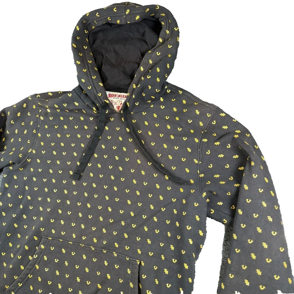 True‎ Religion Hoodie Mens Medium Black Gold Monogram Logo Fleece Lined Cotton